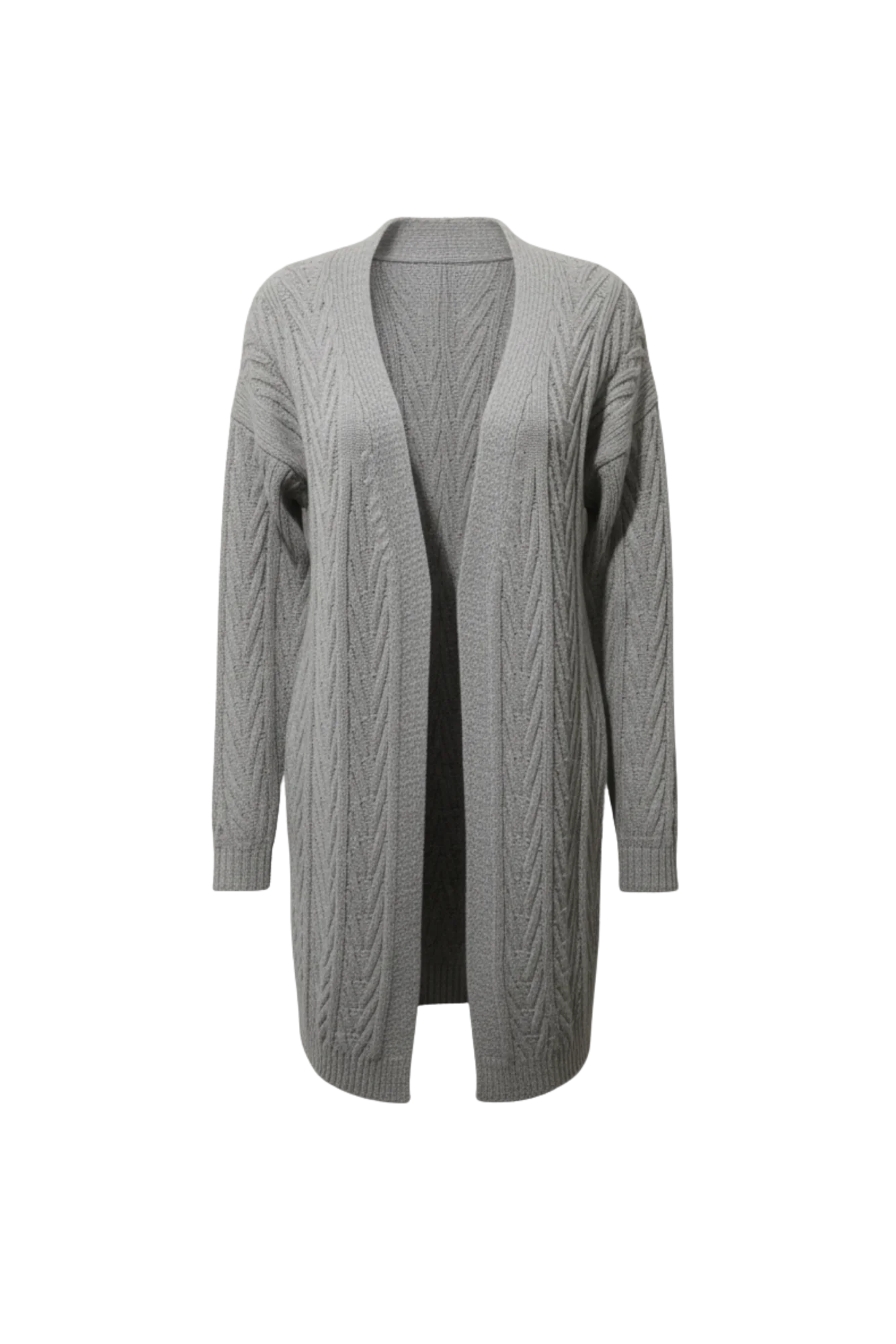 Kadın Gri Uzun Oversize Örgü Hırka – Chevron Desenli Triko