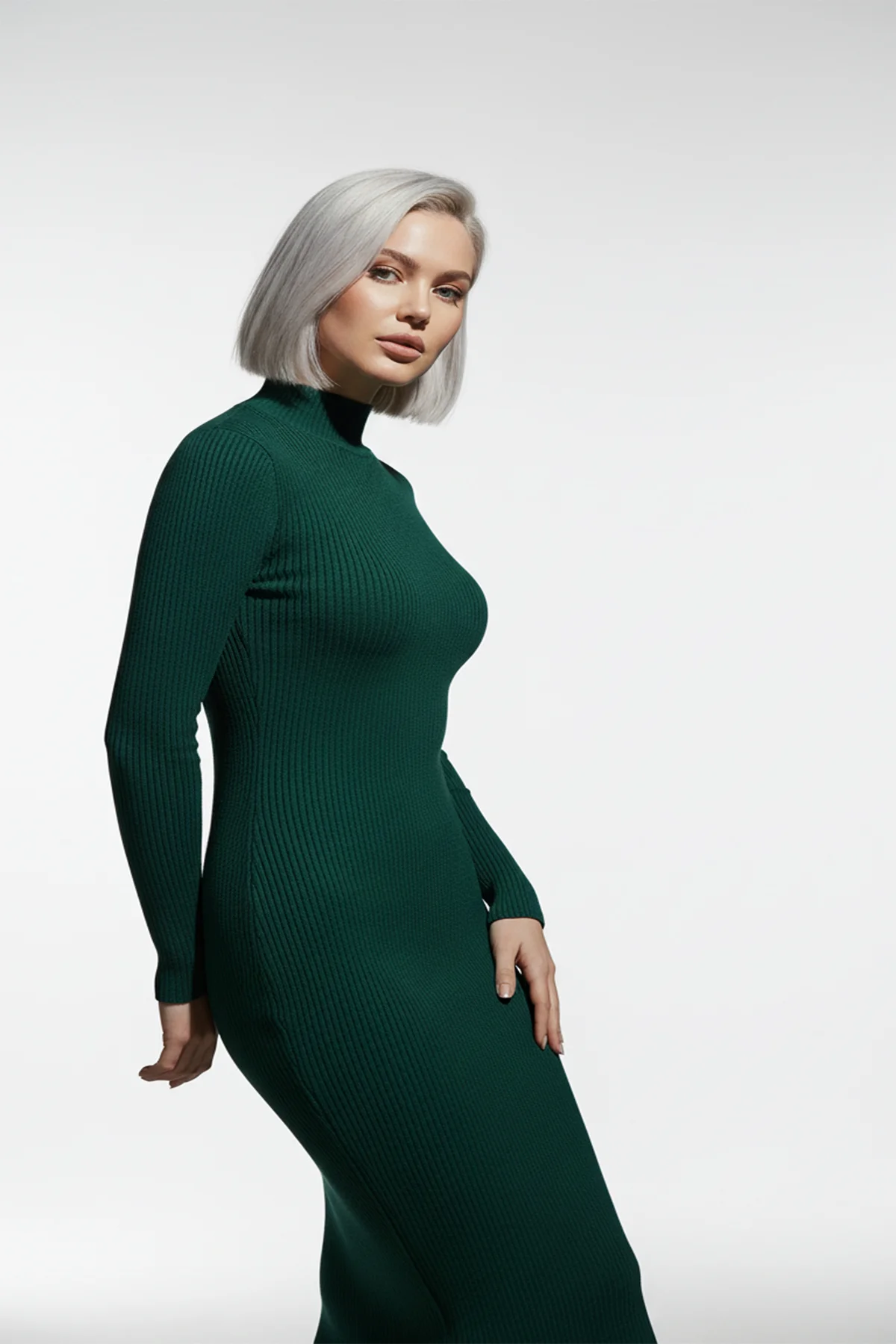 Kadın Balıkçı Yaka Yeşil Uzun Elbise