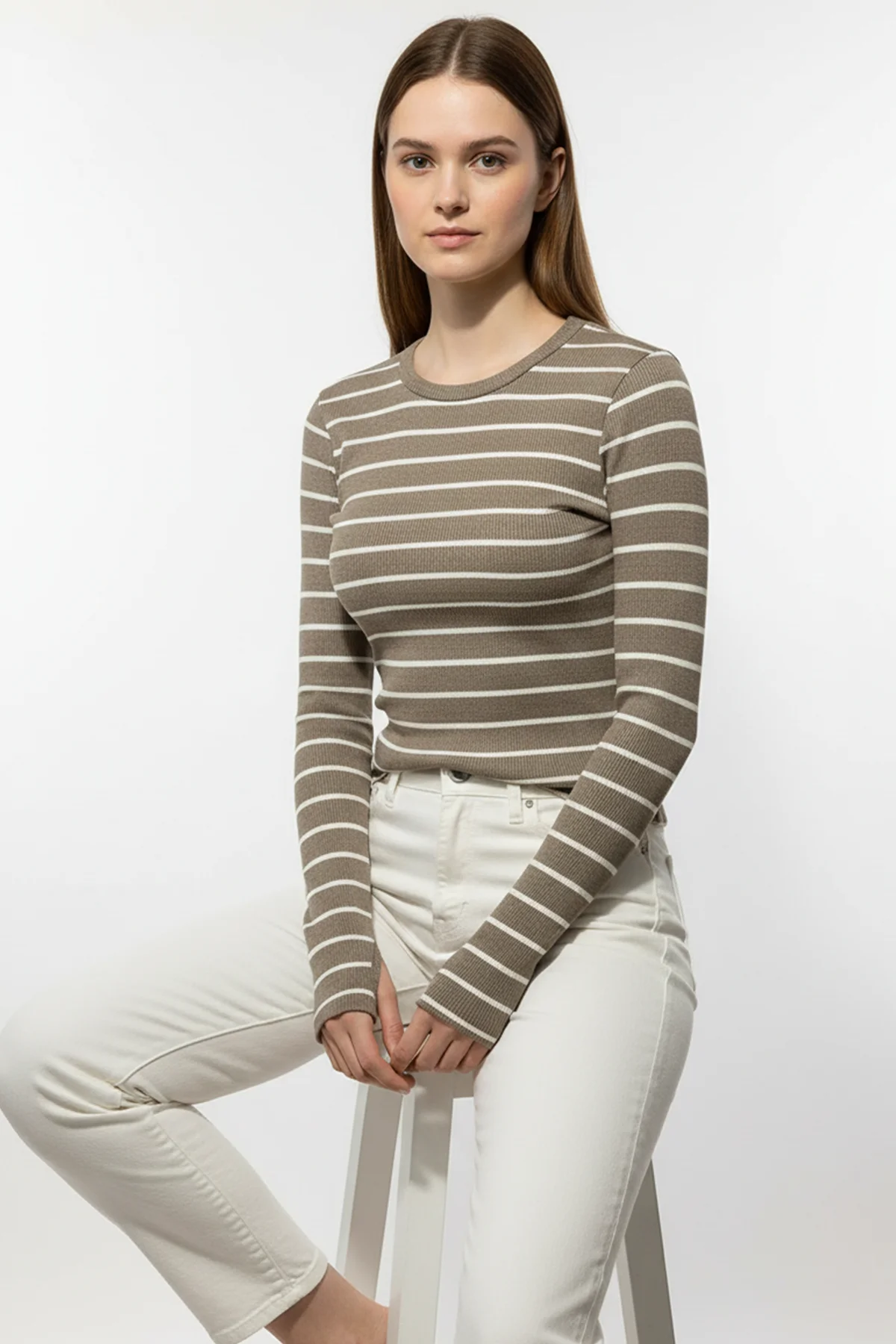 Kadın Çizgili Parmak Geçmeli Bluz - Kahverengi
