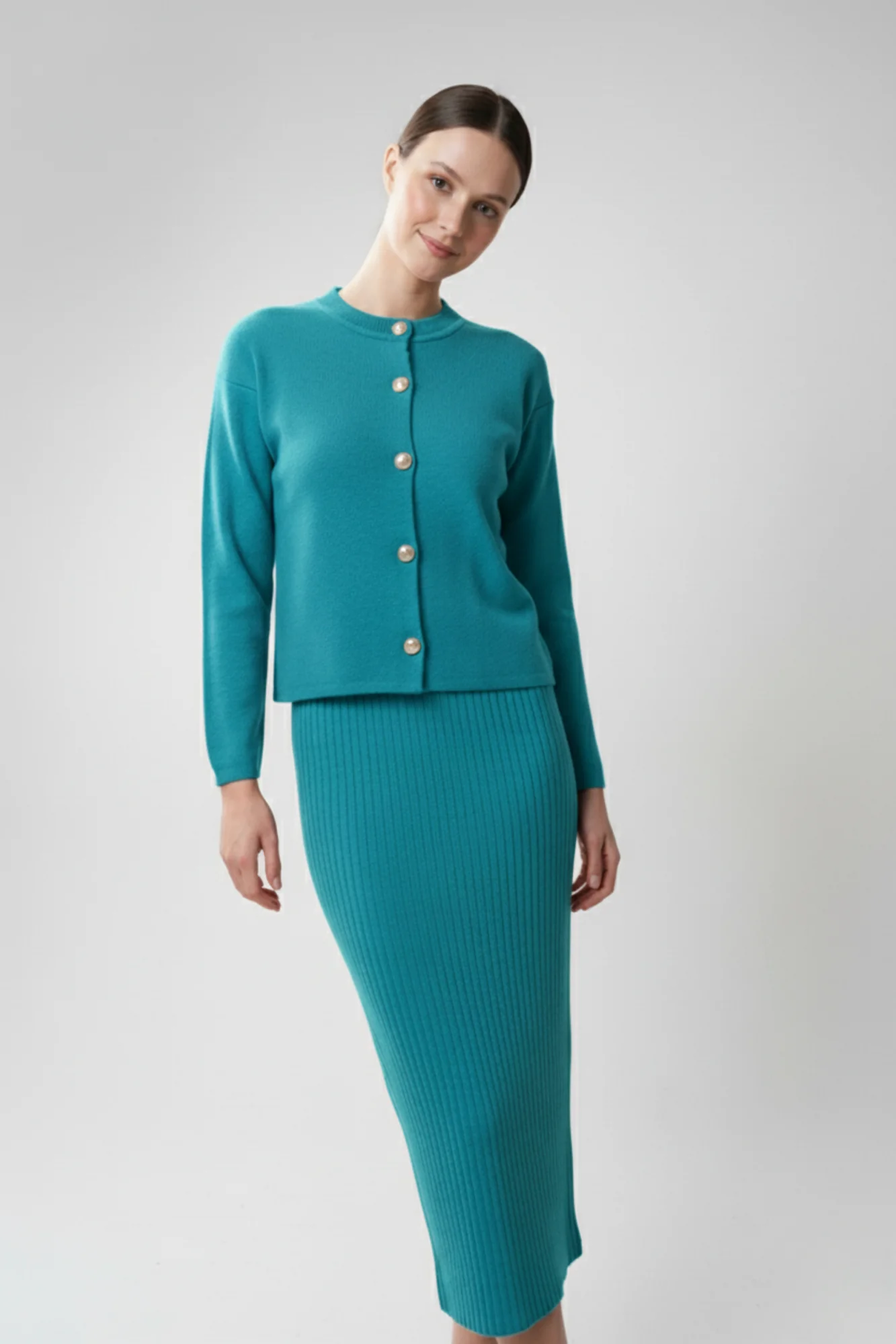 Kadın Hırka Elbise İkili Takım - Turkuaz