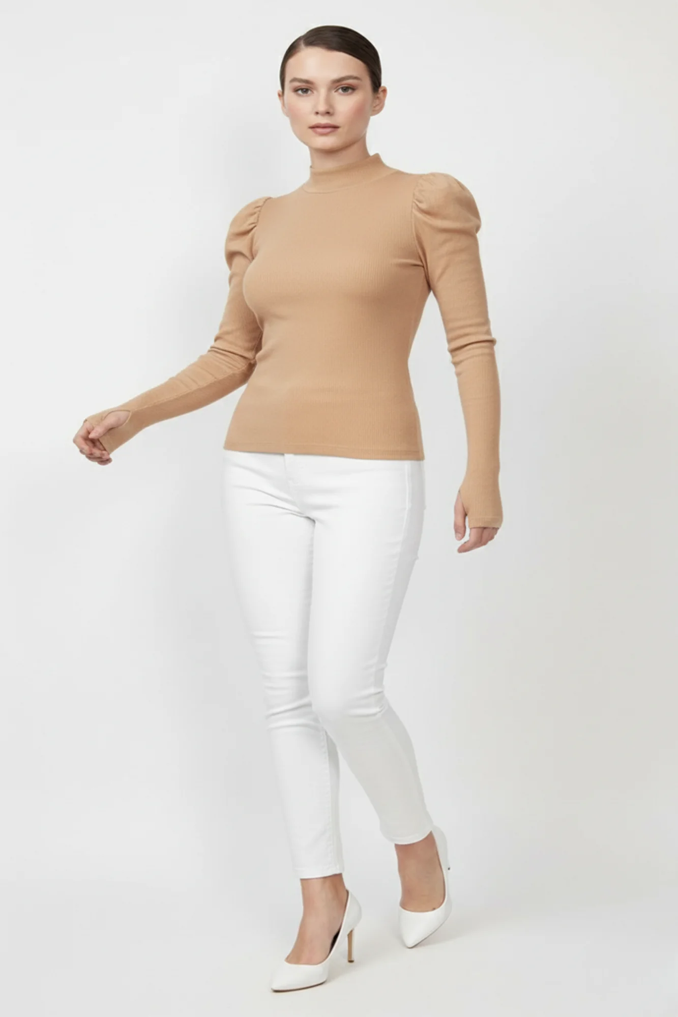 Balıkçı Yaka Parmak Geçmeli Kaşkorse Prenses Kol Bluz - Camel