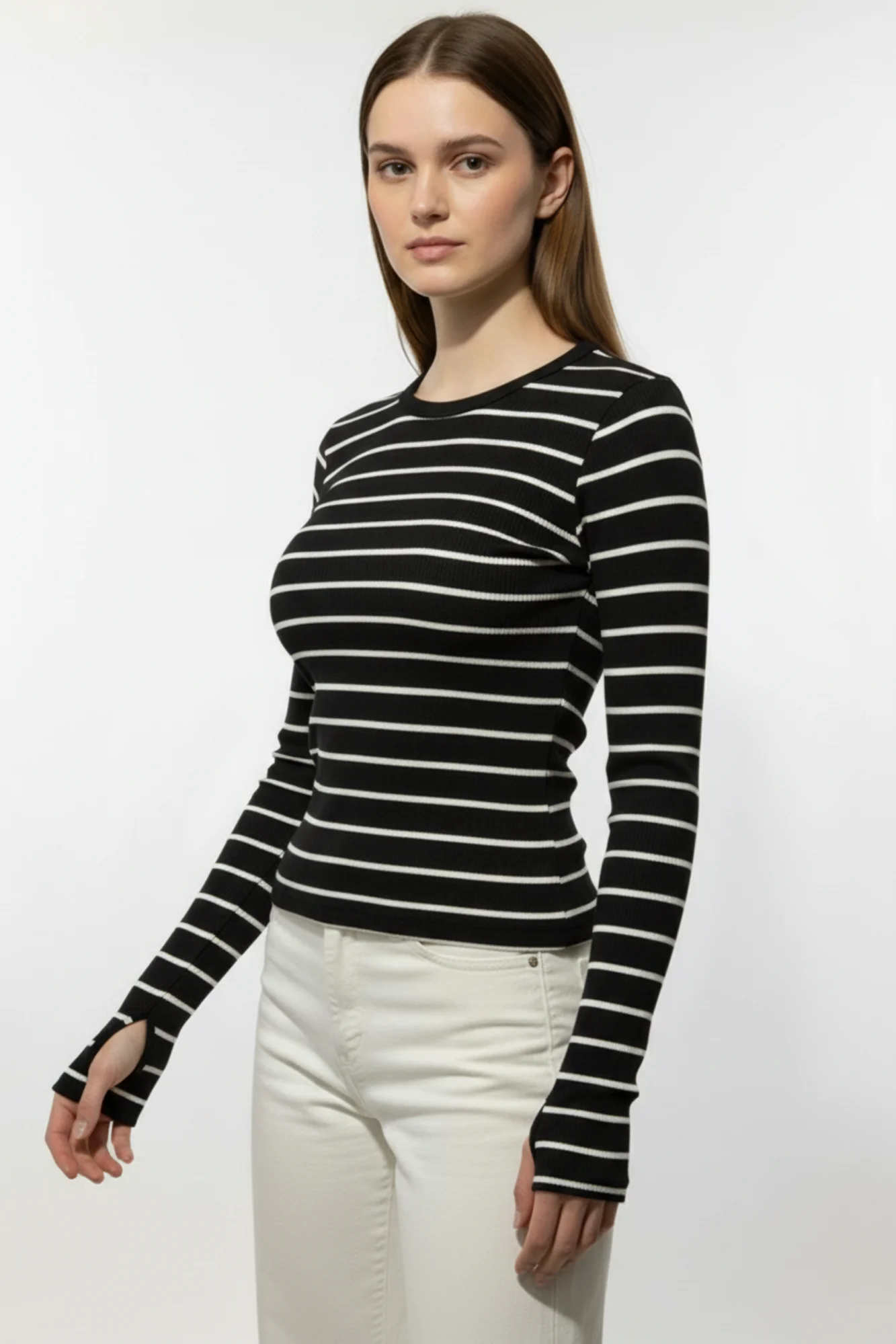 Kadın Siyah Çizgili Parmak Geçmeli Bluz