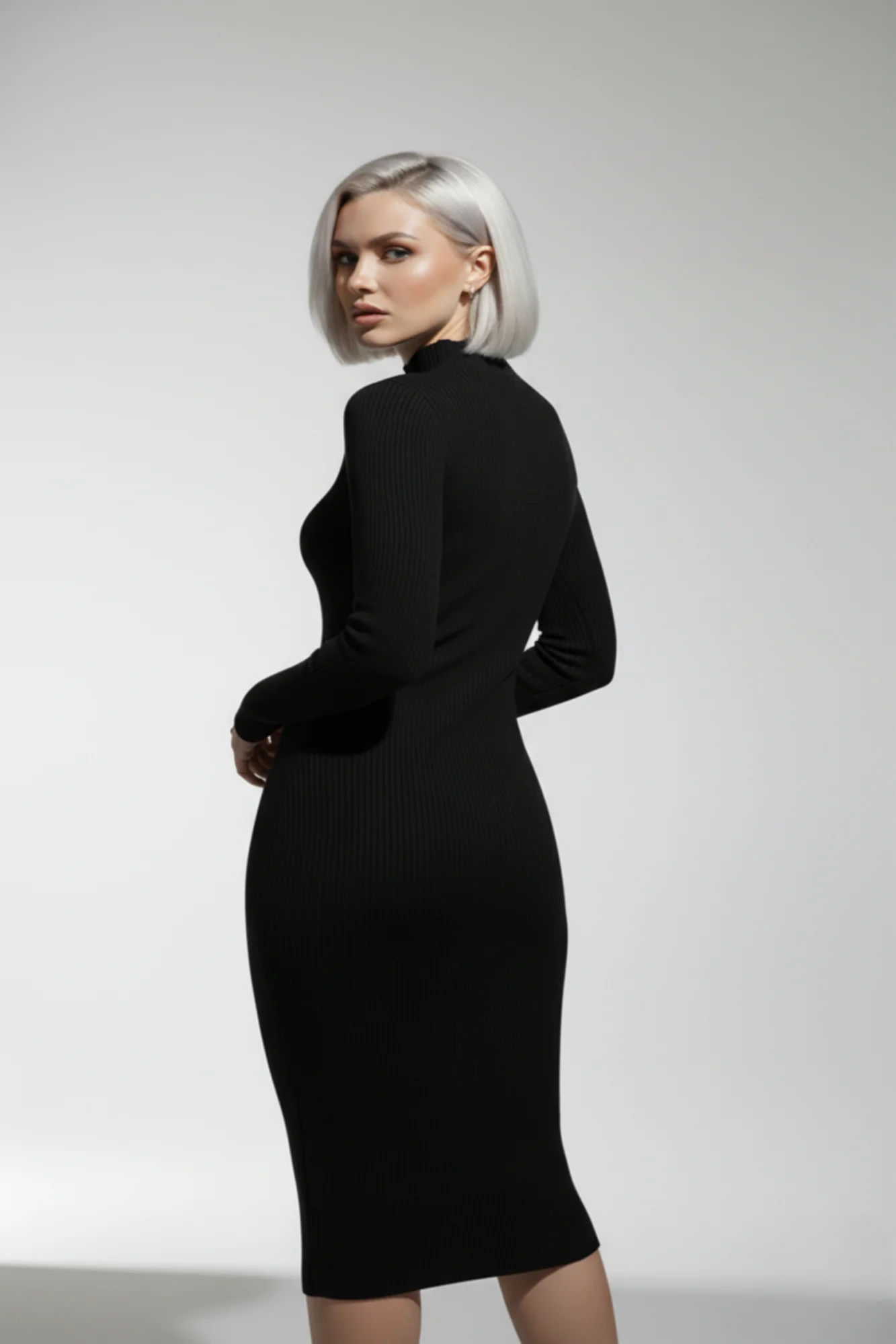 Kadın Balıkçı Yaka Siyah Uzun Elbise