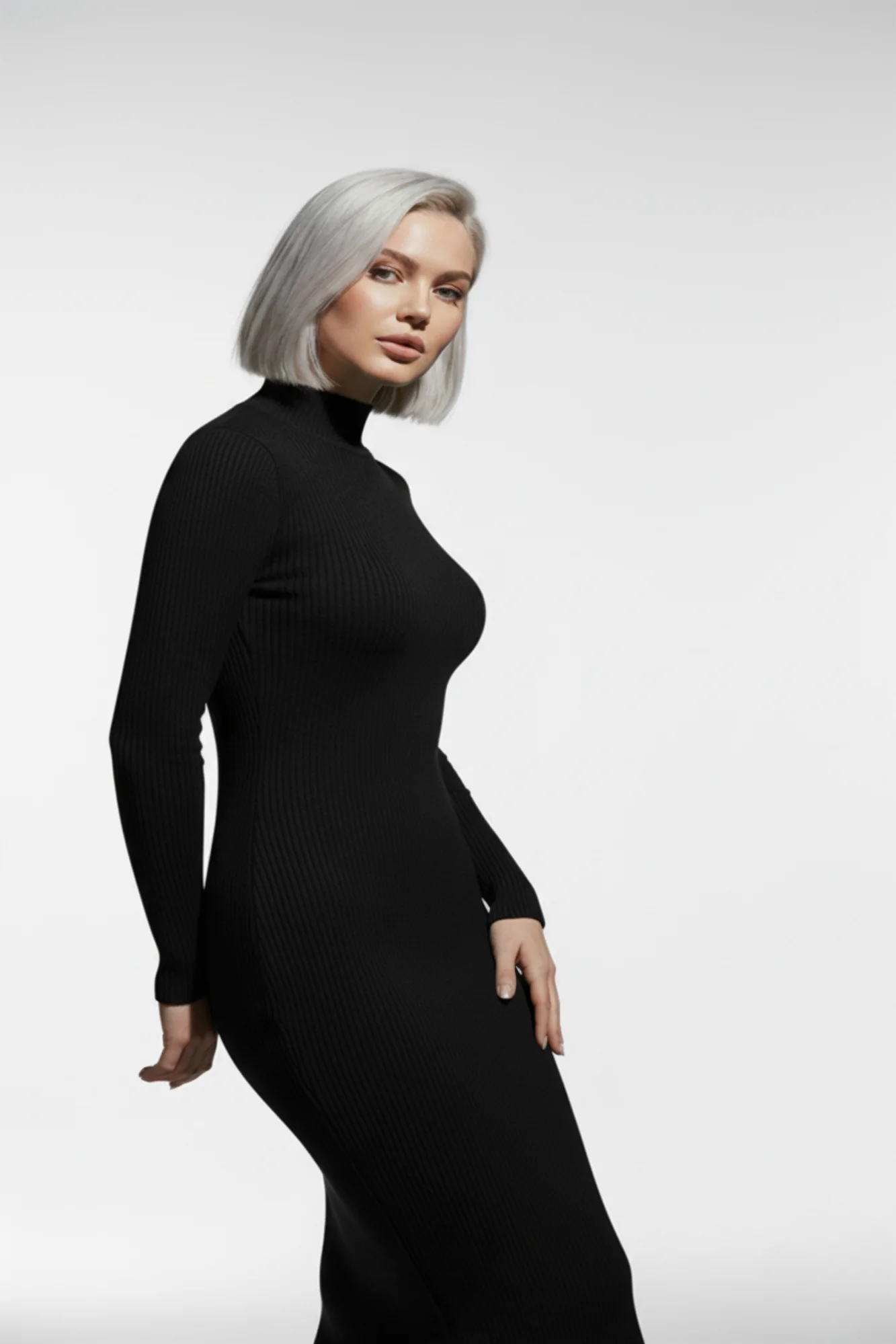 Kadın Balıkçı Yaka Siyah Uzun Elbise