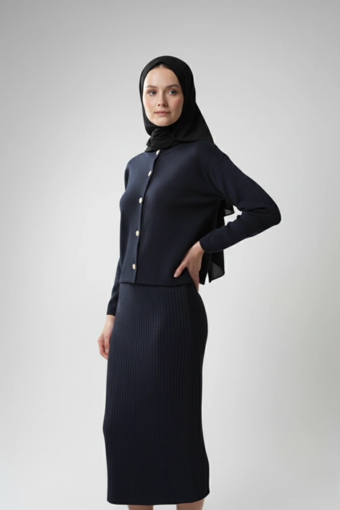 Kadın Lacivert Hırka Elbise İkili Takım