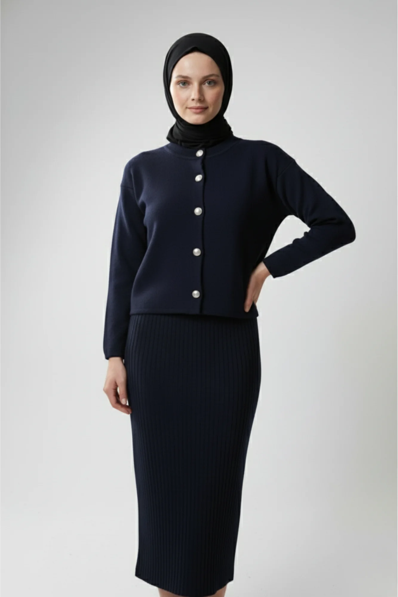 Kadın Lacivert Hırka Elbise İkili Takım