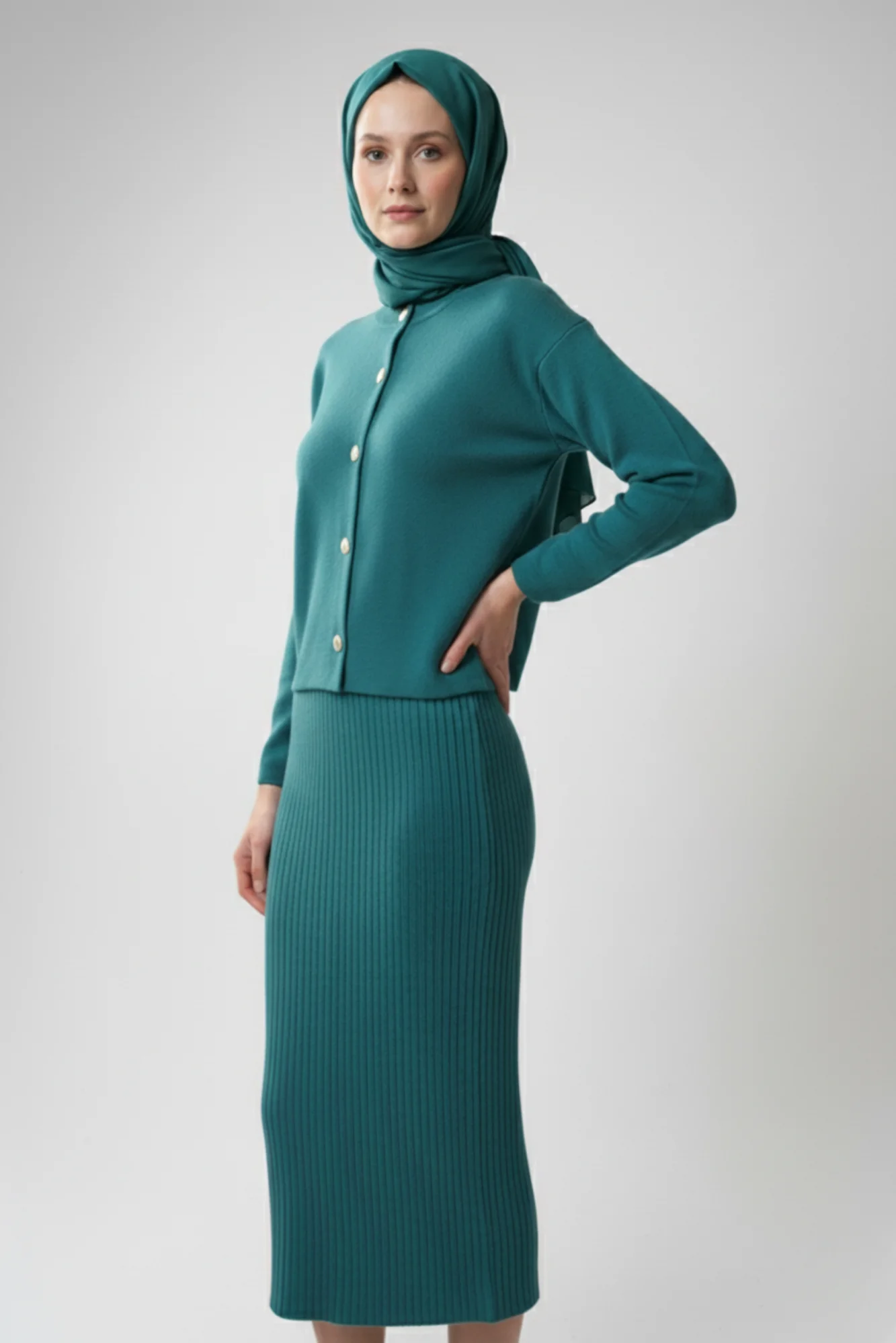 Kadın Turkuaz Hırka Elbise İkili Takım