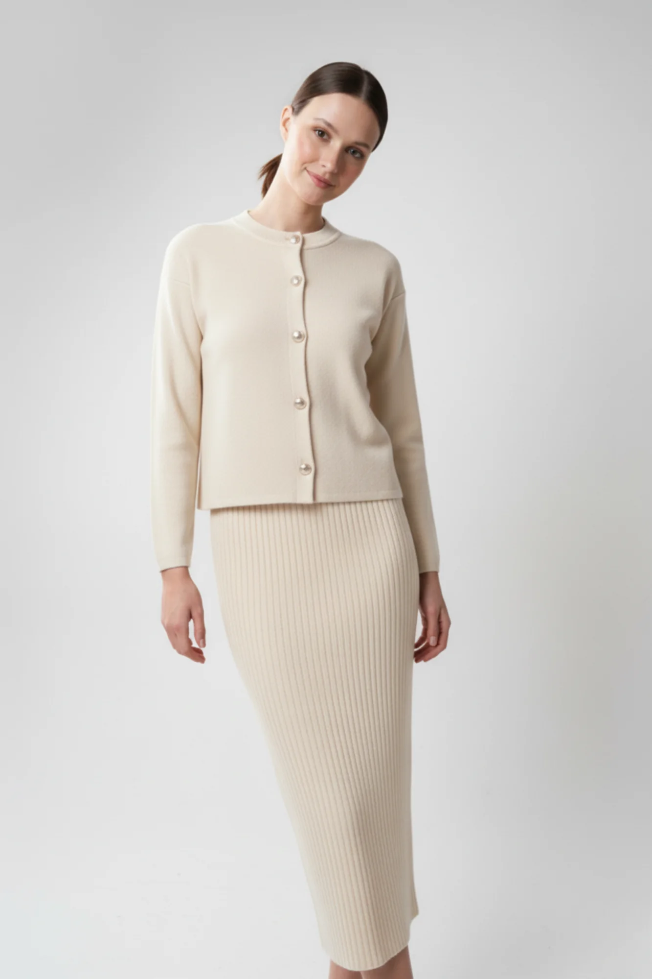 Kadın Hırka Elbise İkili Takım - Krem