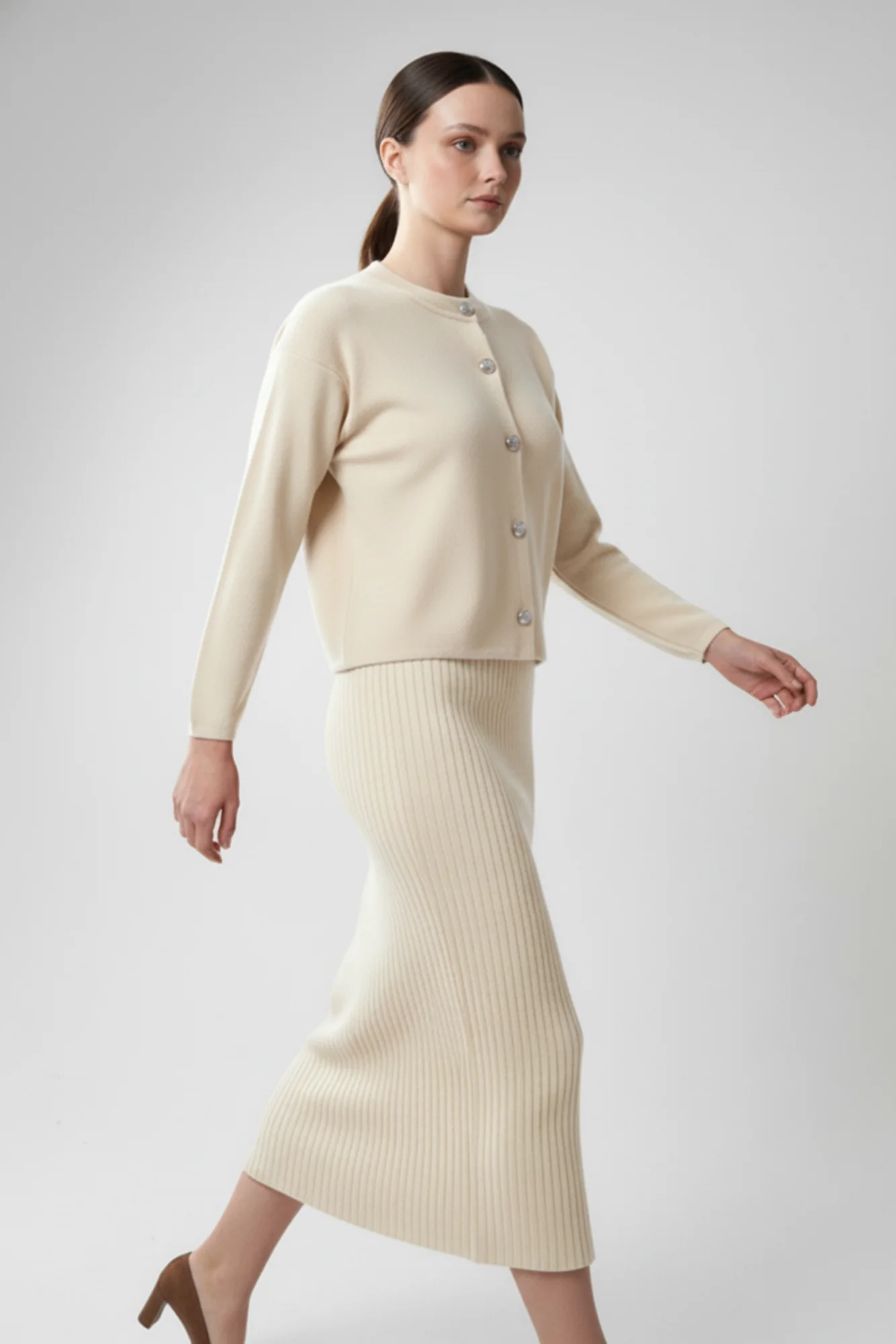 Kadın Hırka Elbise İkili Takım - Krem