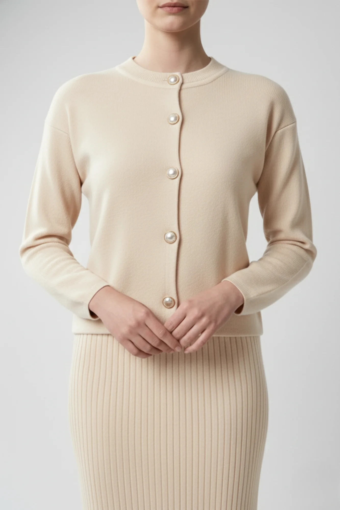 Kadın Hırka Elbise İkili Takım - Krem