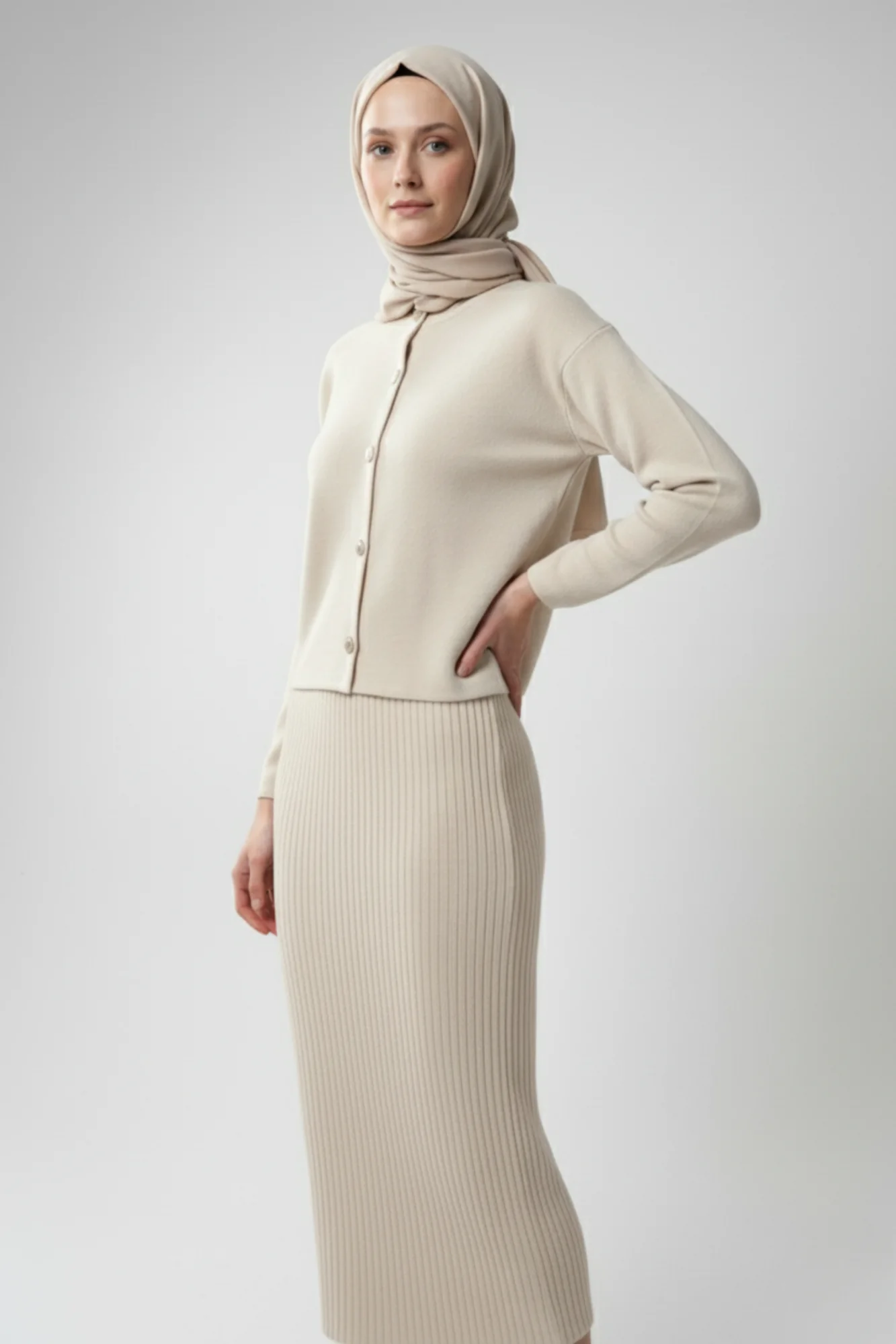 Kadın  Krem Hırka Elbise İkili Takım