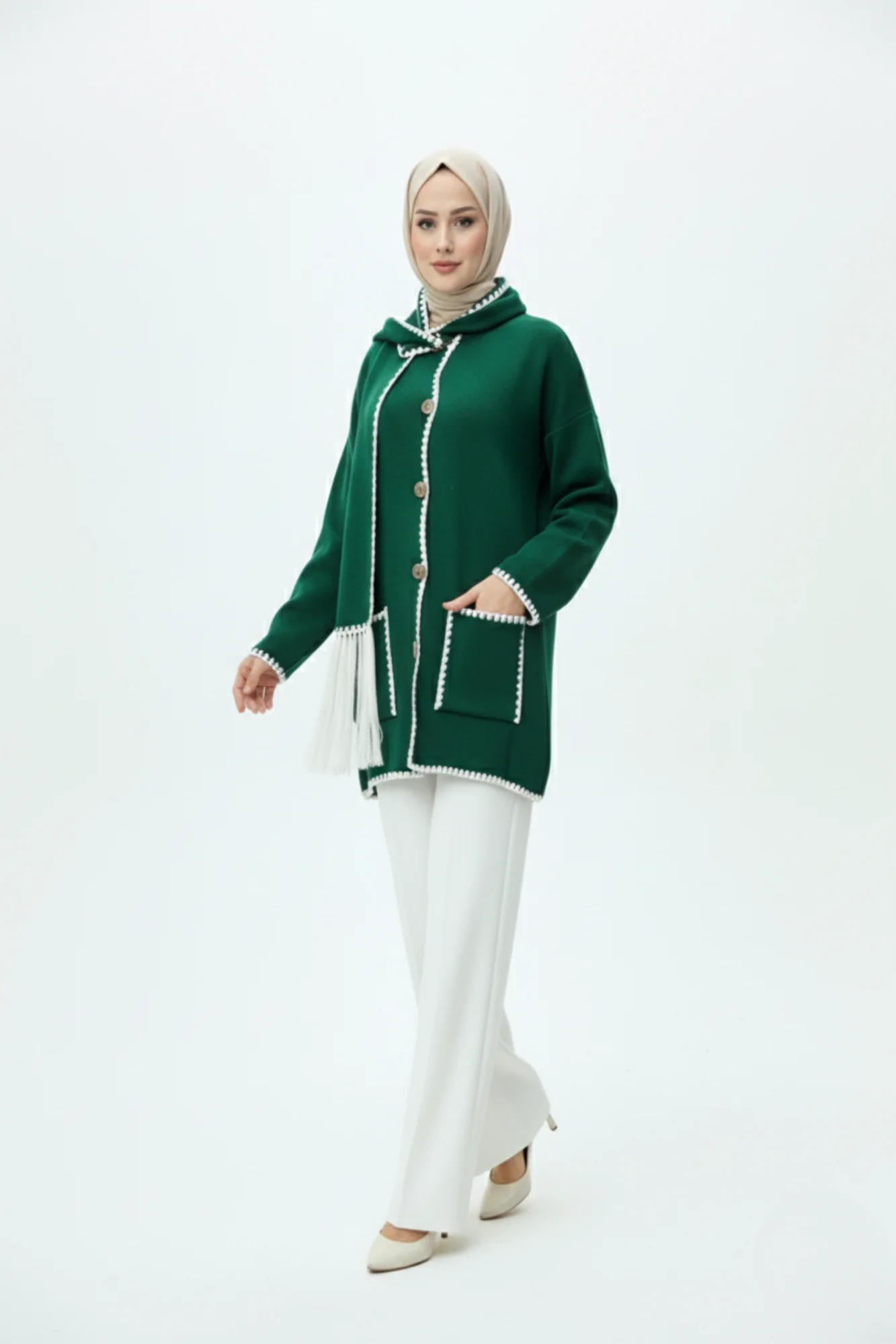 Kadın Nakış Detaylı Atkılı Yumuşak Ceket - Yeşil