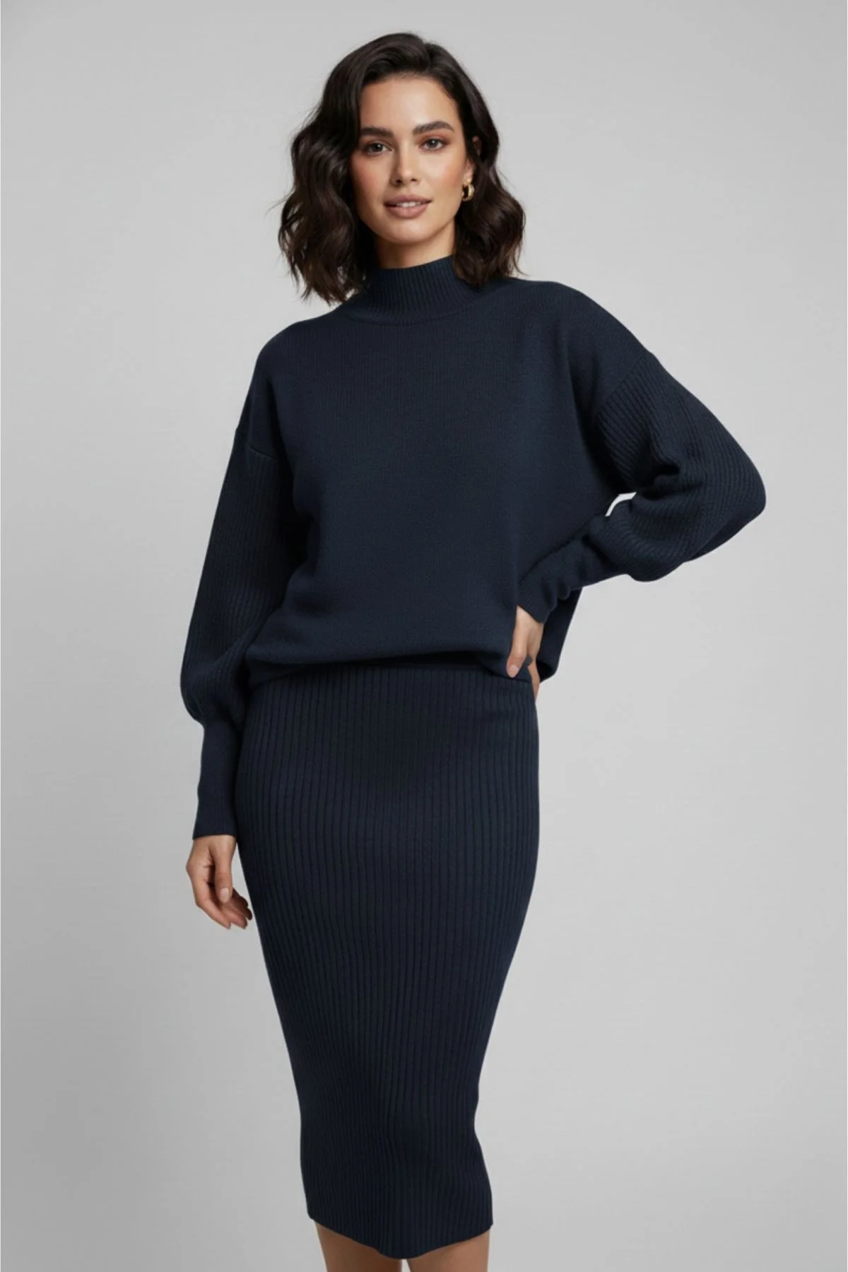 Triko Lacivert Kazak ve Fitilli Elbise İkili Takım