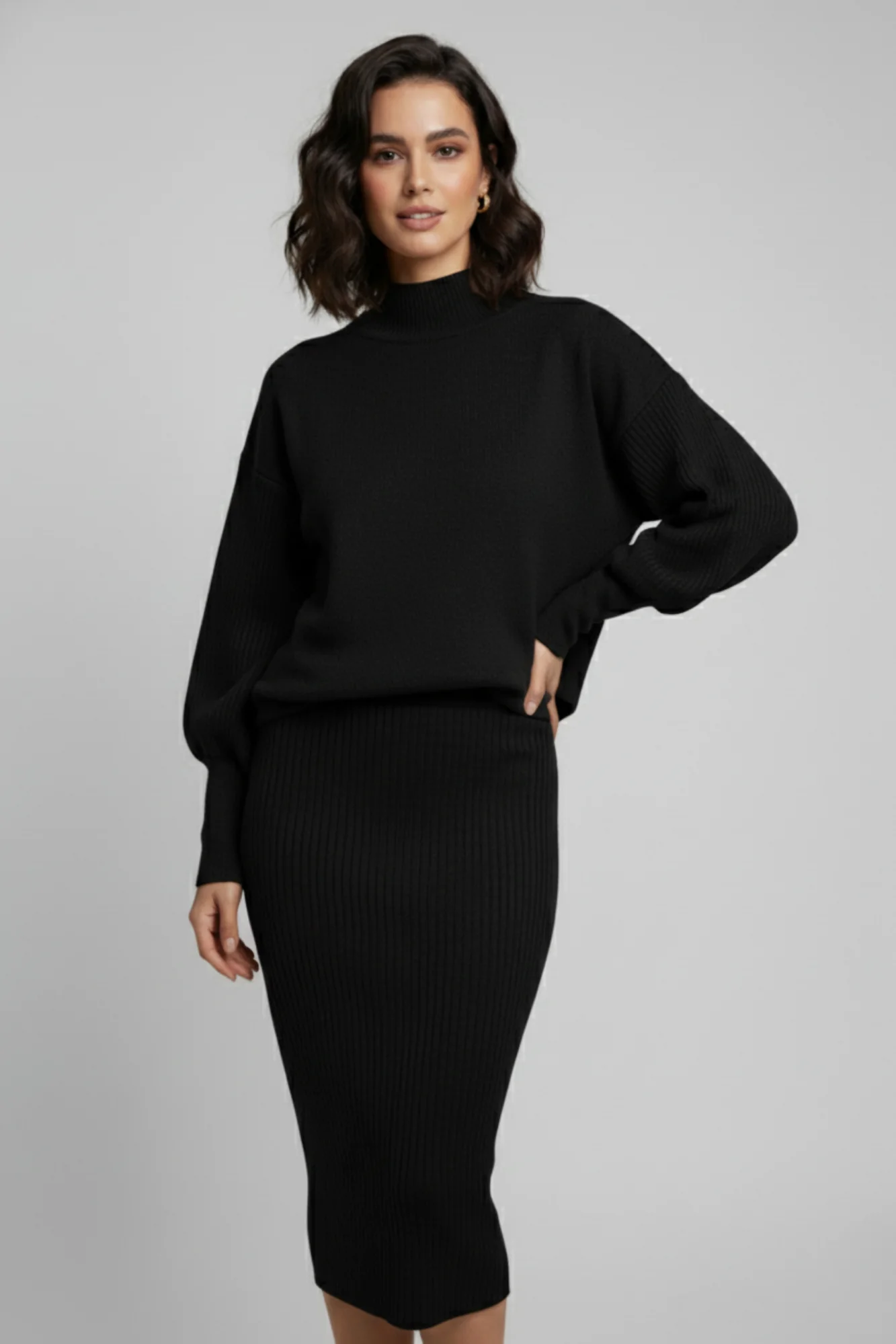 Triko Siyah Kazak ve Fitilli Elbise İkili Takım