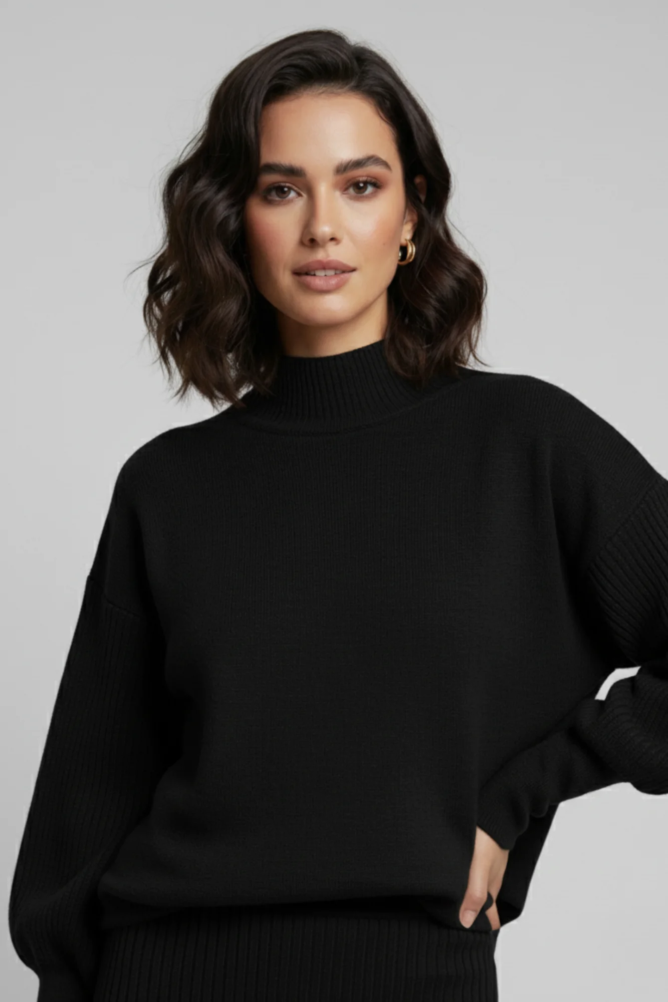 Triko Siyah Kazak ve Fitilli Elbise İkili Takım