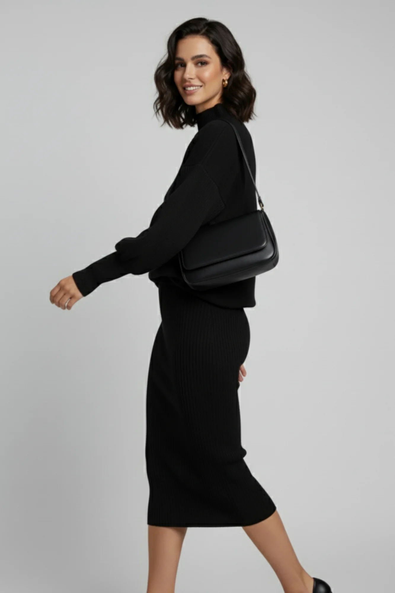 Triko Siyah Kazak ve Fitilli Elbise İkili Takım