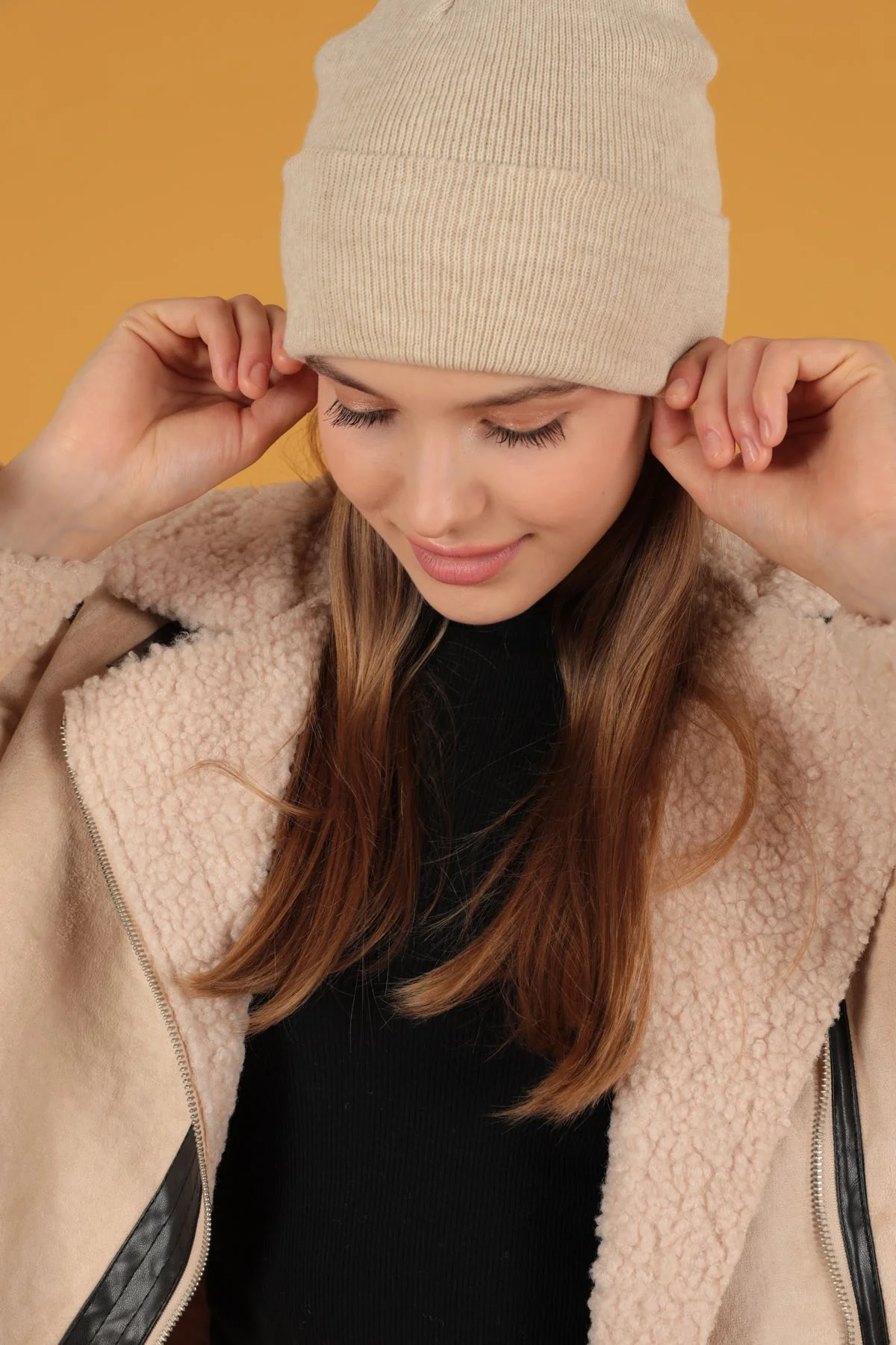 Süet Kıvırcık Kumaş Motorcu Taş Rengi Mont