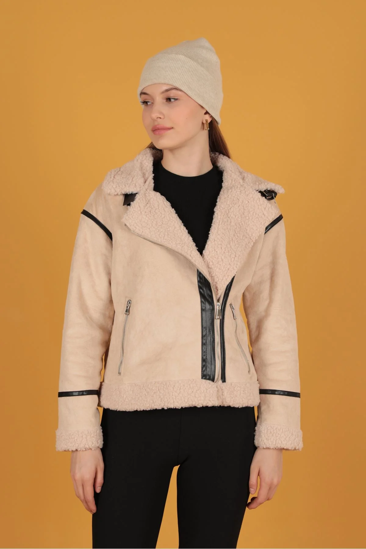 Süet Kıvırcık Kumaş Motorcu Taş Rengi Mont