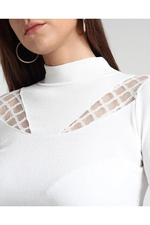 Kadın Desenli Dantel Detaylı Likralı Bluz