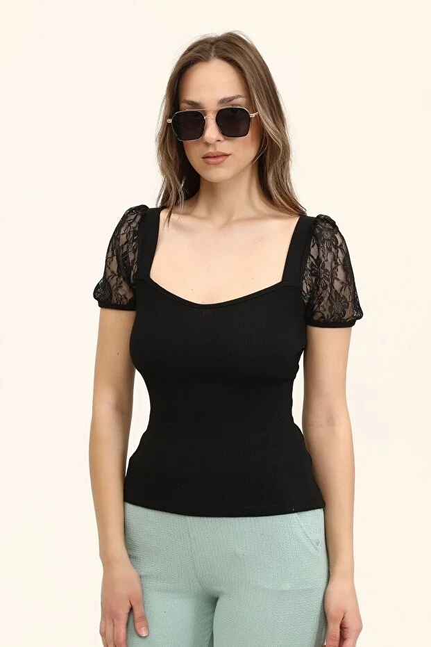 Kadın Siyah Oval Yaka Kollar Dantel Örme Bluz