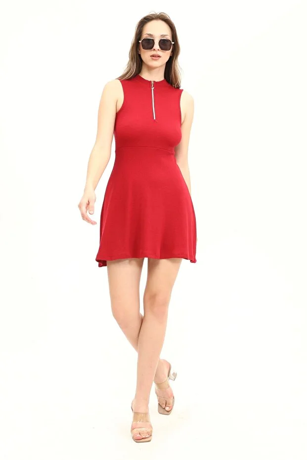 Kadın Bordo Renkli Kolsuz Yaka Fermuarlı Örme Elbise