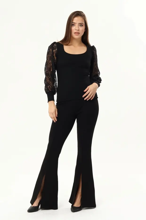 Kadın Siyah Kollar Dantel U Yaka Bluz