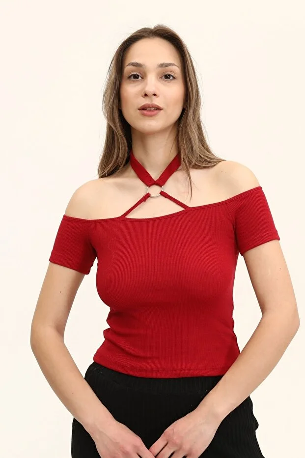 Kadın Bordo Renkli Ön Ve Arka Madonna Yaka Boyun Halkalı Örme Bluz