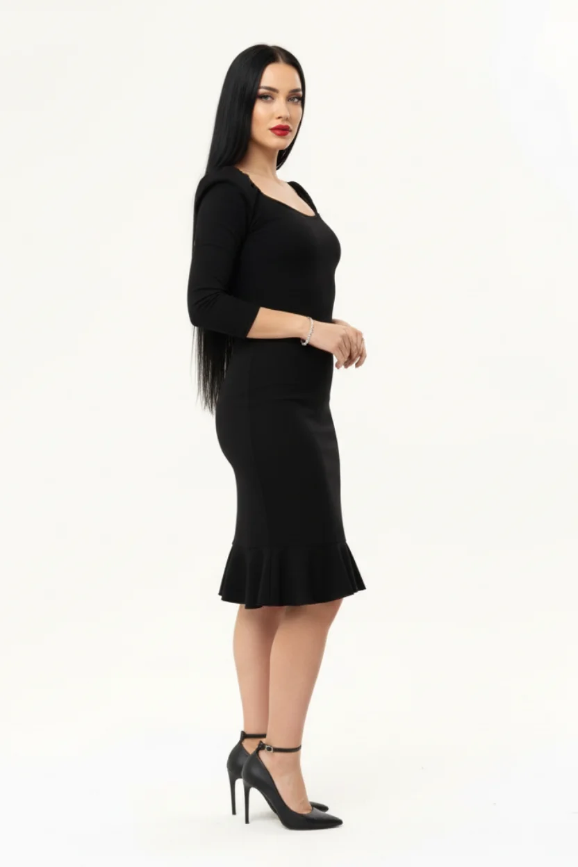 Kadın Siyah Balon Kol Eteği Volanlı Elbise