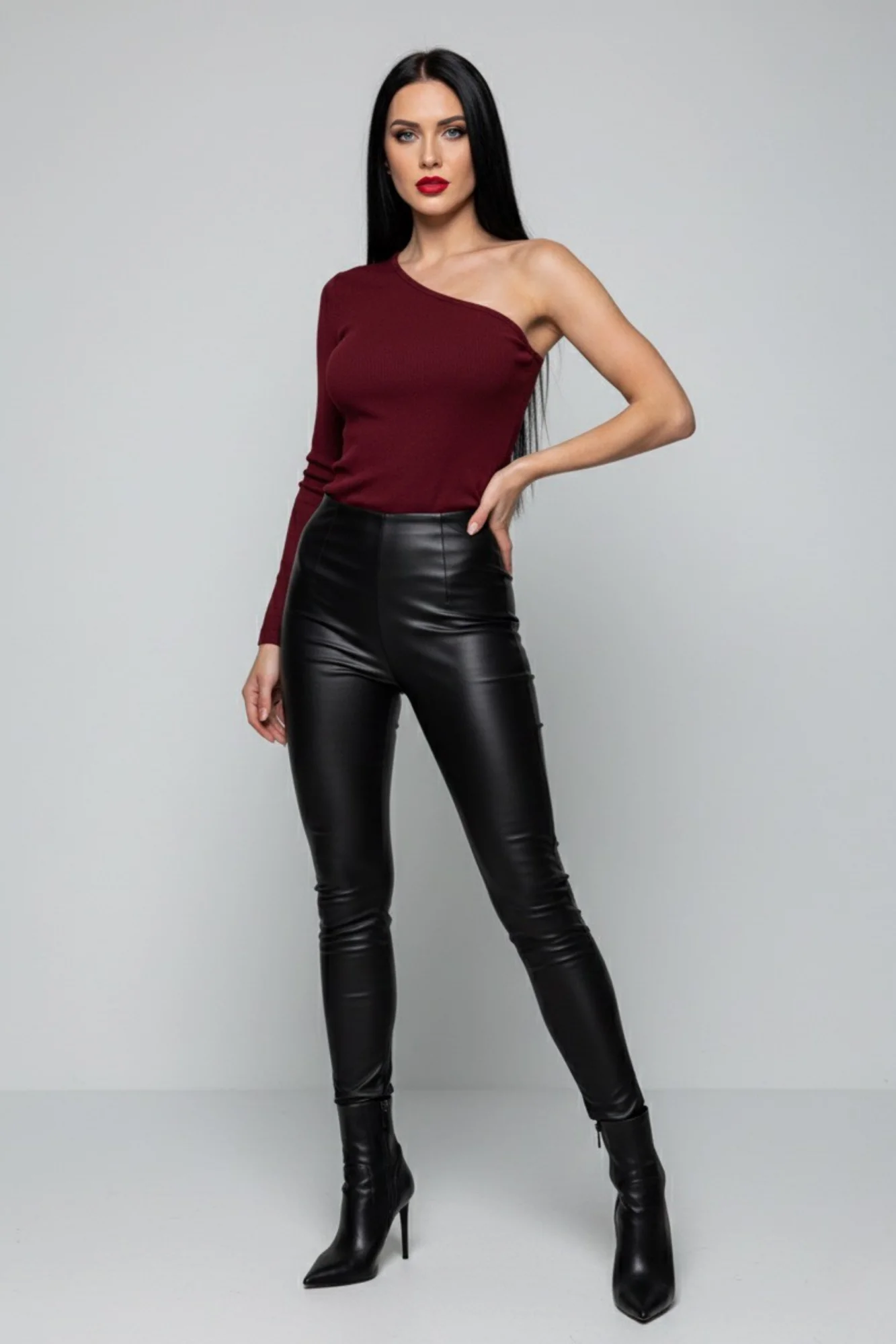 Bordo Tek Omuz Uzun Kollu Kaşkorse Kadın Bluz