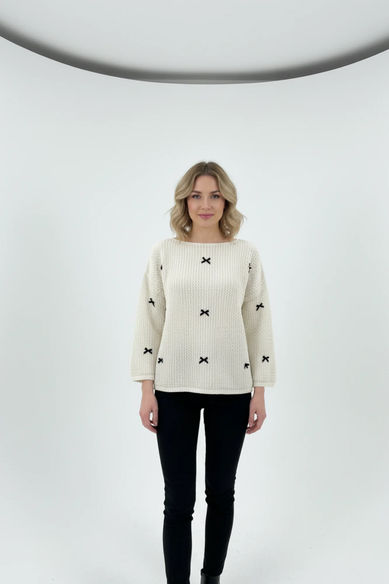 Kadın Kurdeleli Ajurlu Triko Beyaz Kazak