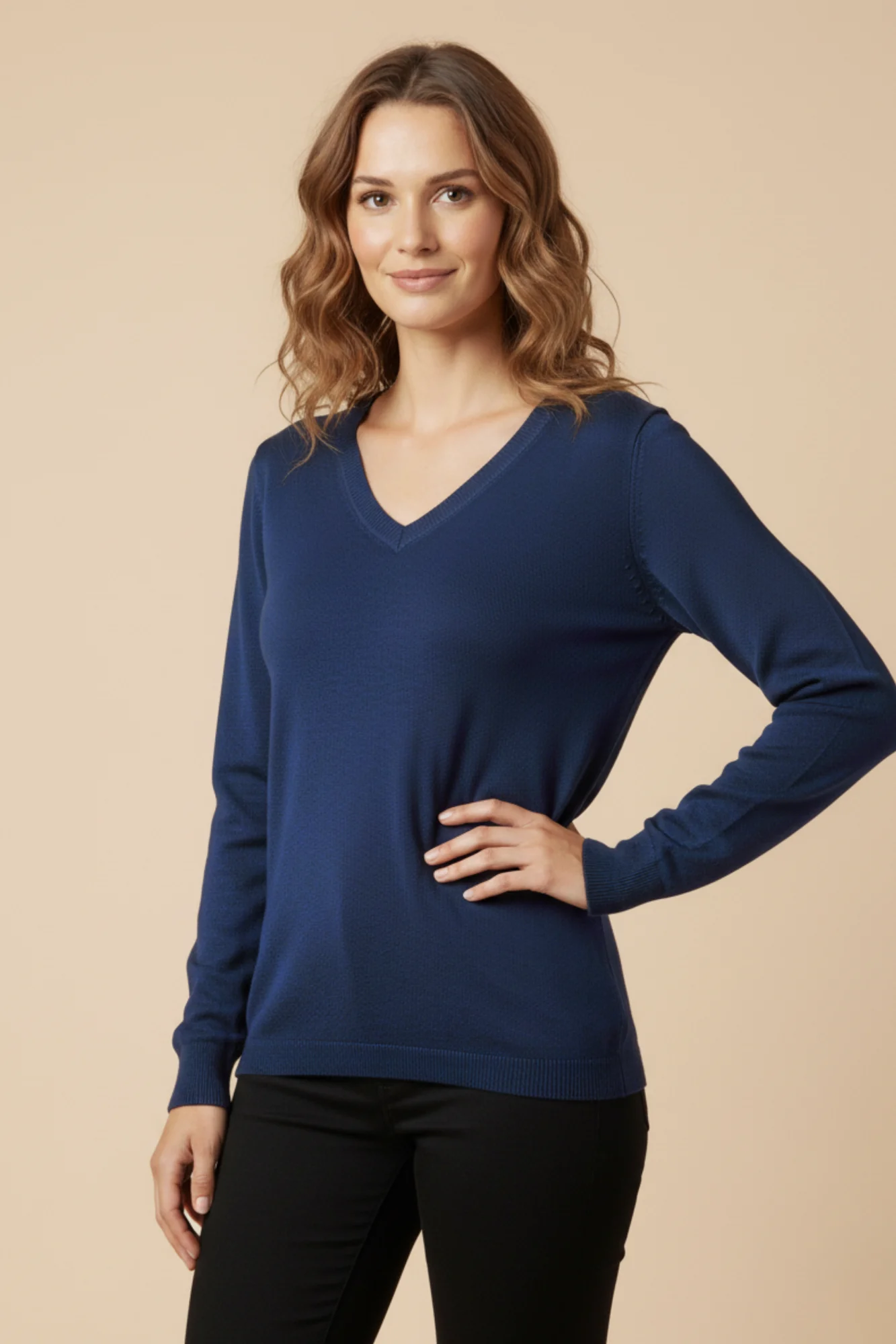 Kadın V Yaka Mavi Triko Kazak