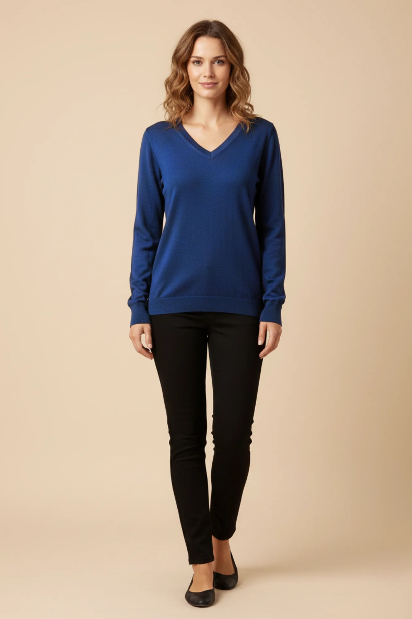 Kadın V Yaka Mavi Triko Kazak