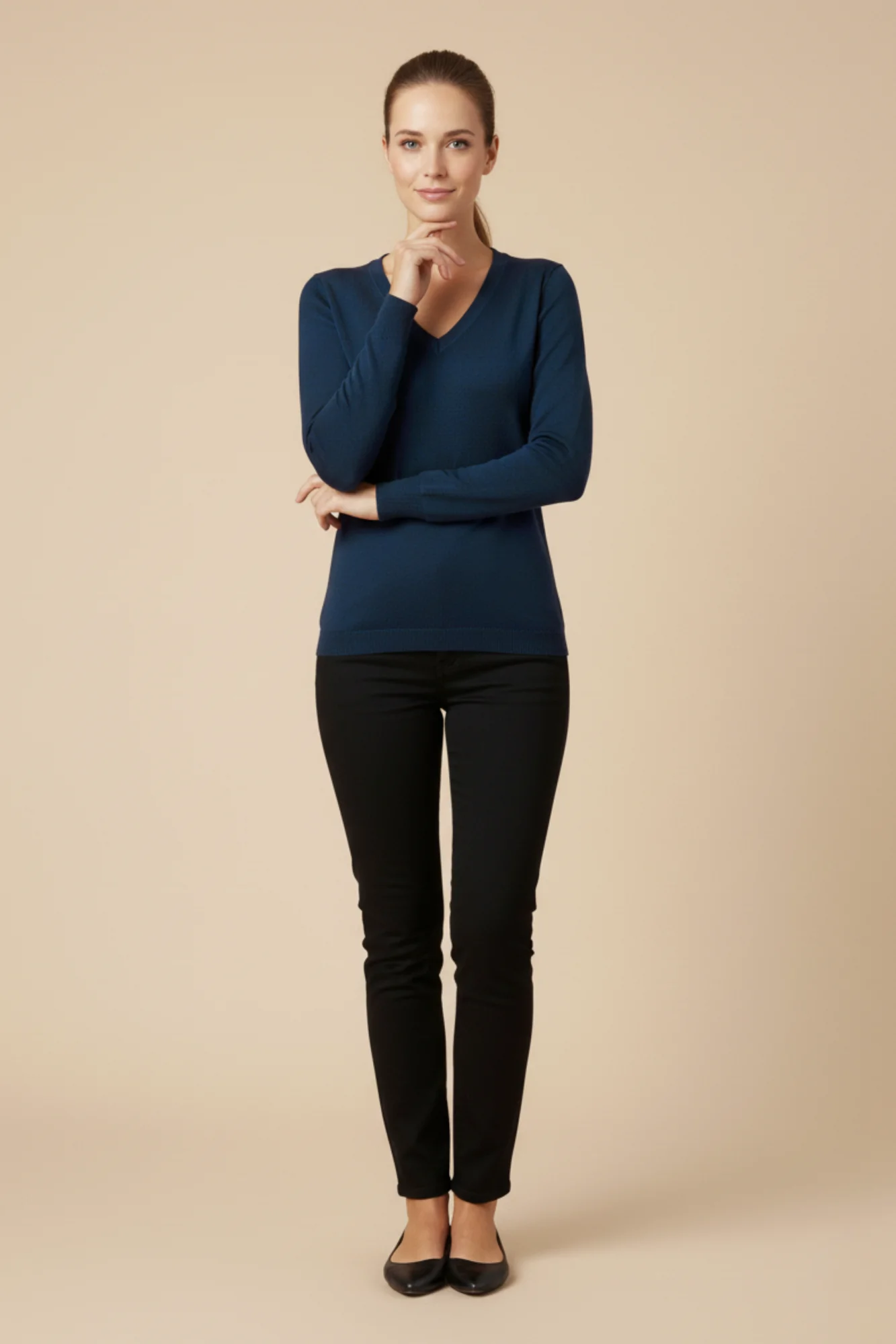 Kadın V Yaka Mavi Triko Kazak