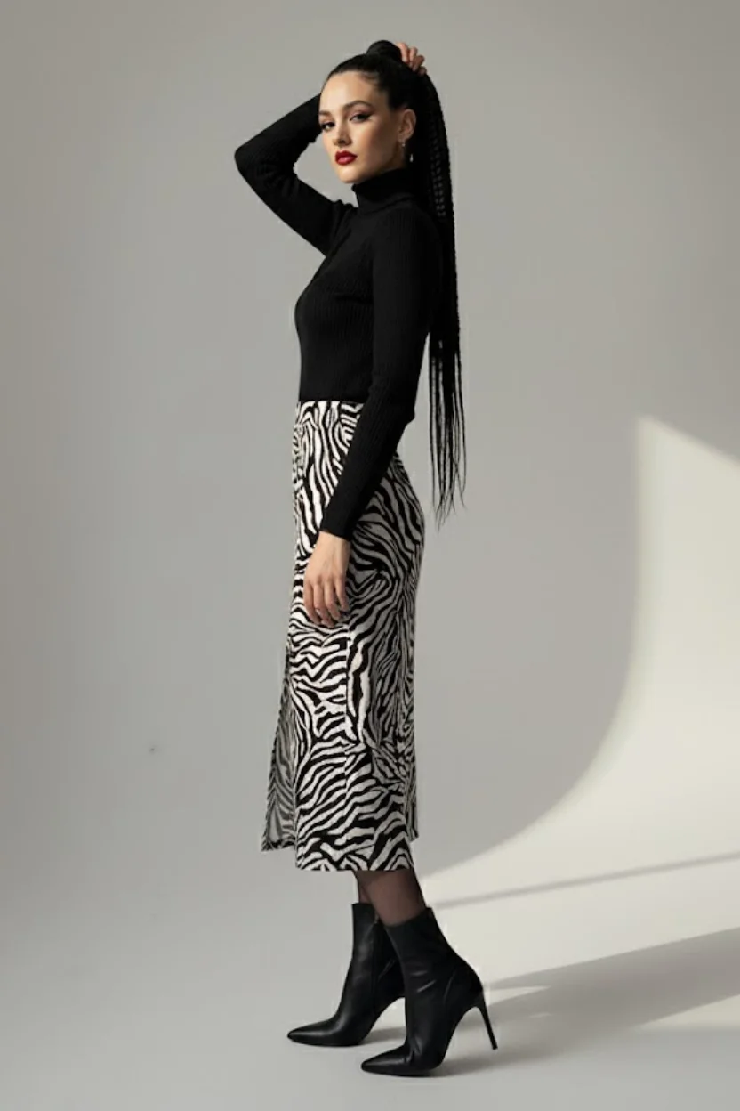 Kadın Zebra Desen Midi Boy Etek