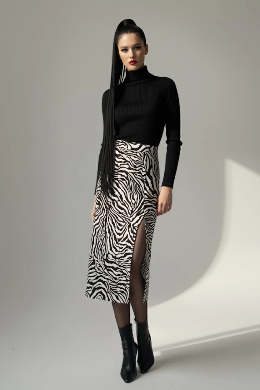 Kadın Zebra Desen Midi Boy Etek