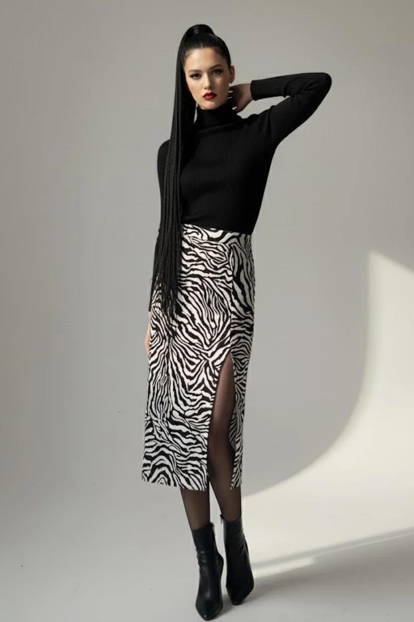 Kadın Zebra Desen Midi Boy Etek