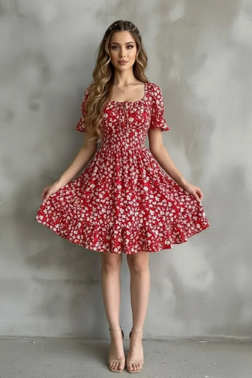 Kayık Yaka Gipeli Bürümcük Mini Elbise – Kırmızı