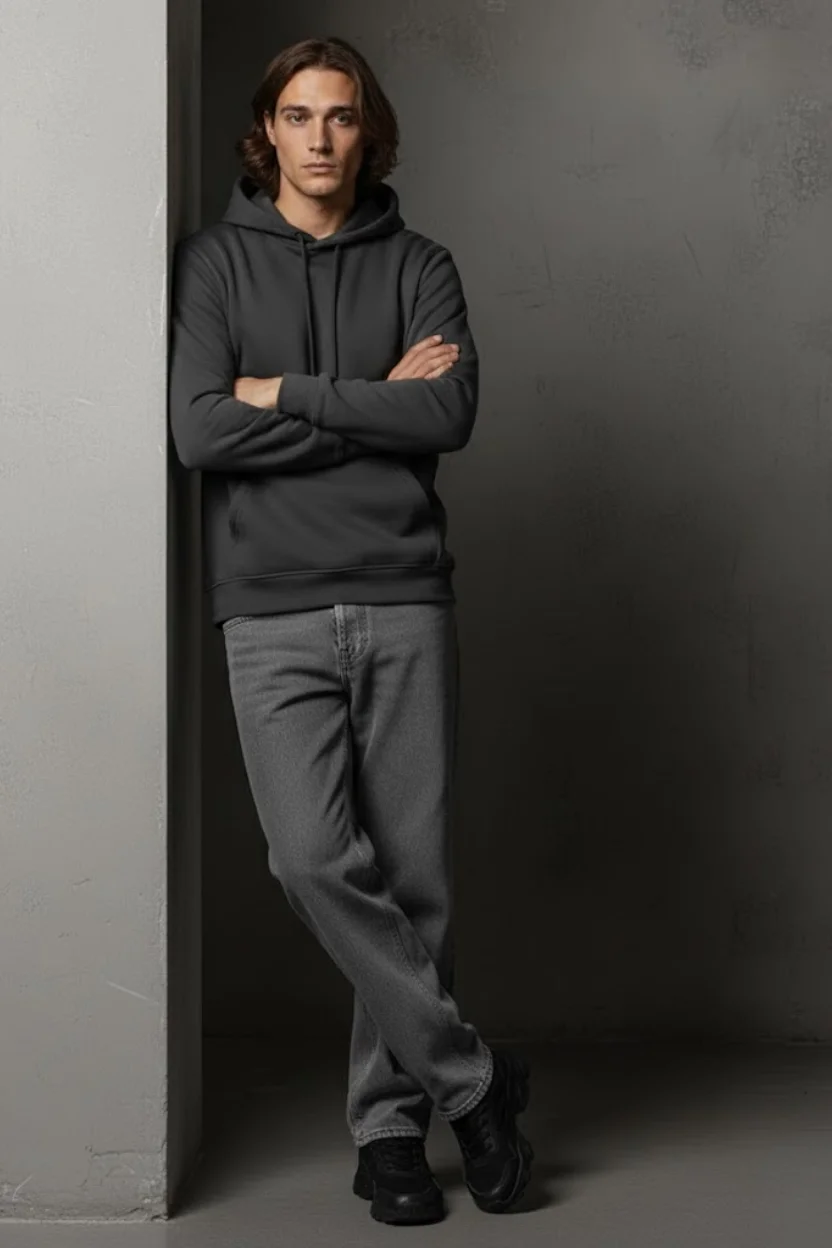 Unisex Kışlık Antrasit Gri Üç İplik Şardonlu Pamuklu Kalın Basic Kapüşonlu Hoodie Sweatshirt