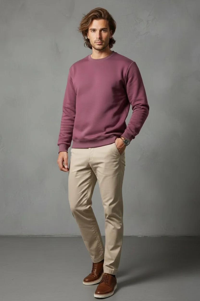 Unisex Kışlık Mürdüm Rengi Üç İplik Şardonlu Kalın Bisiklet Yaka Sweatshirt