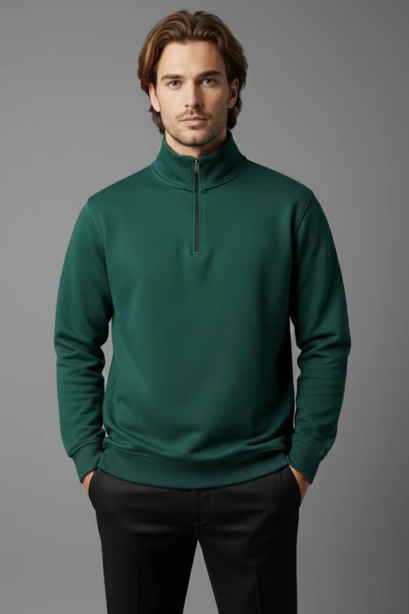 Unisex Kışlık Koyu Yeşil Yarım Fermuarlı Dik Yaka 2 İplik Basic Sweatshirt