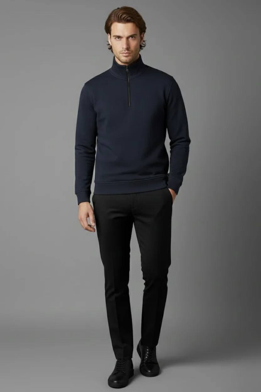 Unisex Kışlık Lacivert Yarım Fermuarlı Dik Yaka 2 İplik Basic Sweatshirt