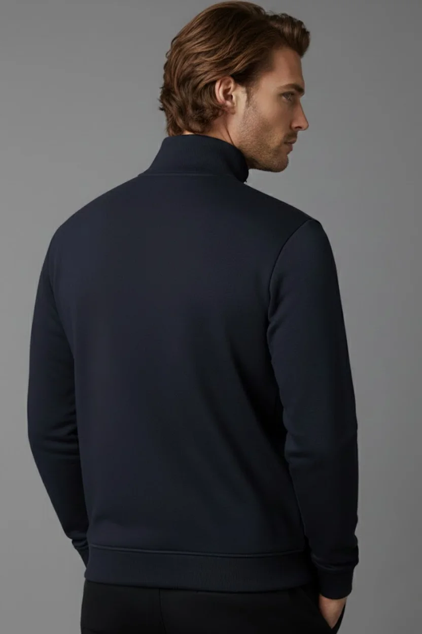 Unisex Kışlık Lacivert Yarım Fermuarlı Dik Yaka 2 İplik Basic Sweatshirt