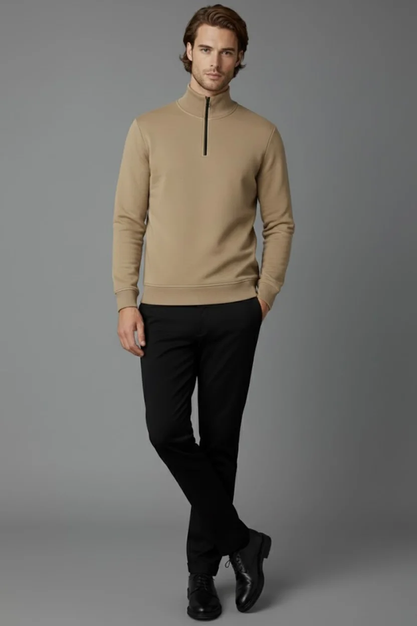 Unisex Kışlık Açık Kahve Yarım Fermuarlı Dik Yaka 2 İplik Basic Sweatshirt