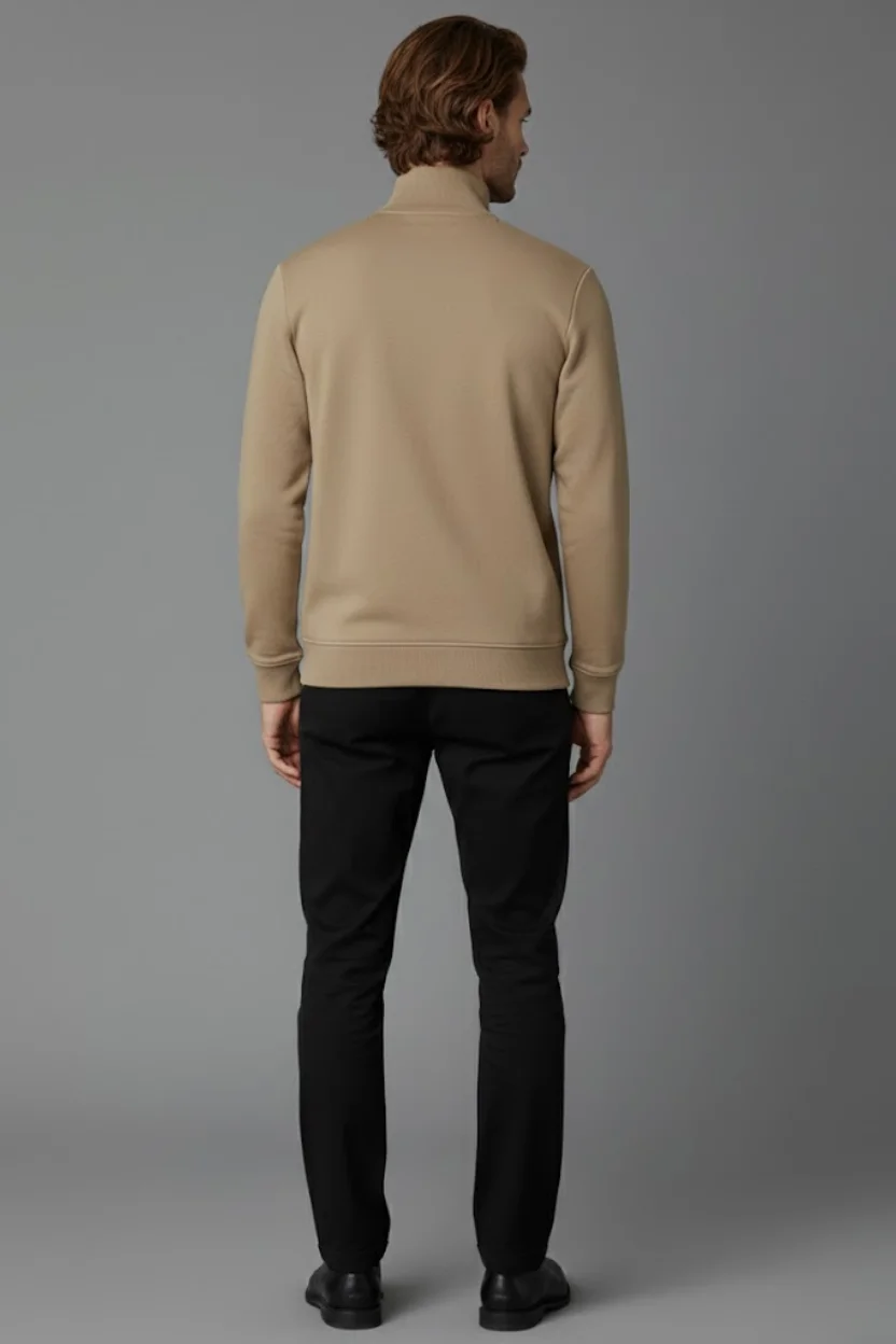 Unisex Kışlık Açık Kahve Yarım Fermuarlı Dik Yaka 2 İplik Basic Sweatshirt