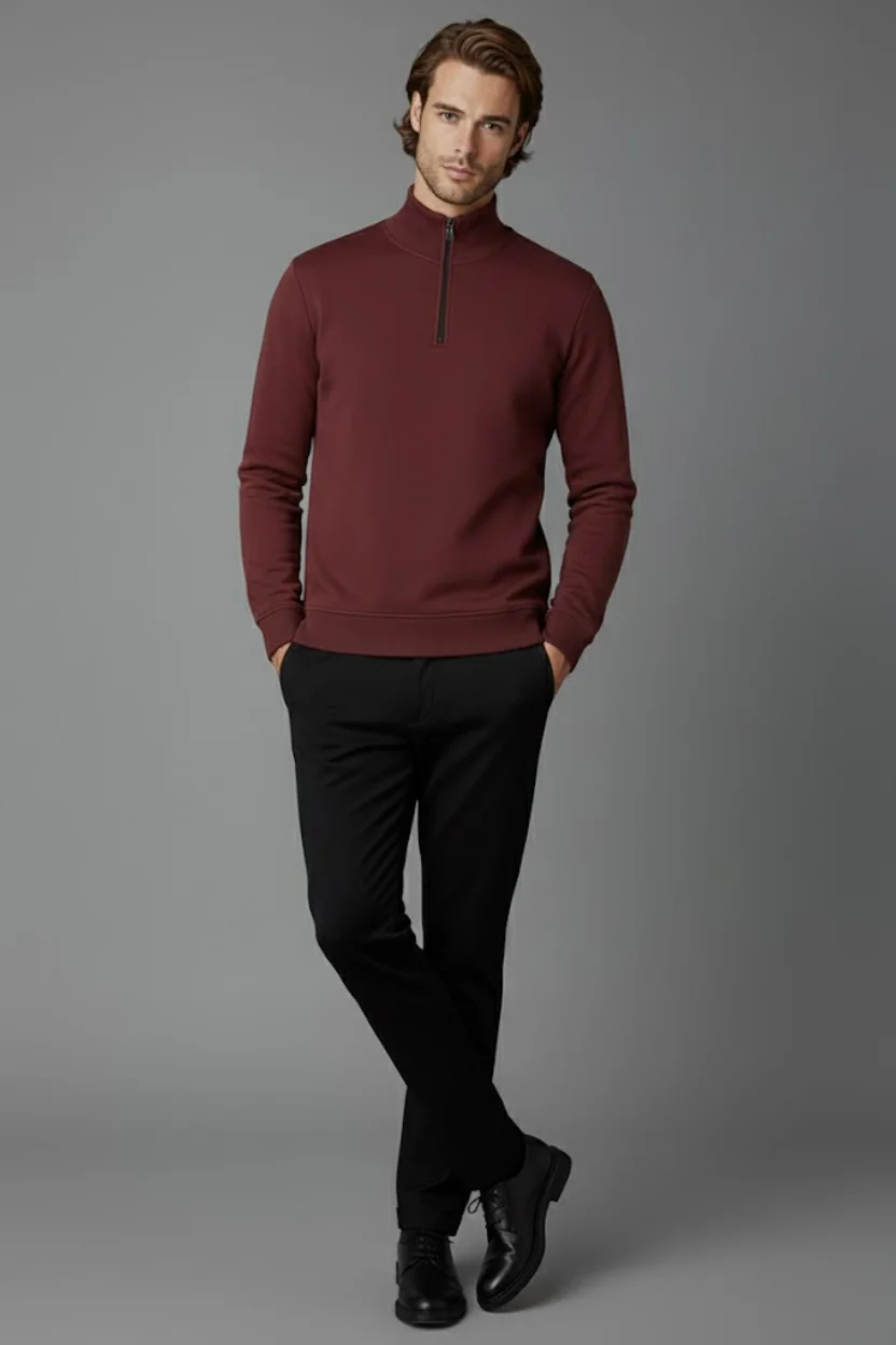 Unisex Kışlık Bordo Yarım Fermuarlı Dik Yaka 2 İplik Basic Sweatshirt