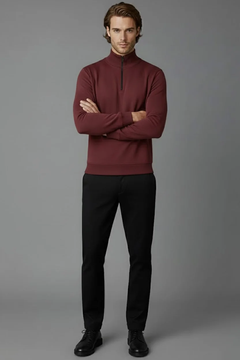 Unisex Kışlık Bordo Yarım Fermuarlı Dik Yaka 2 İplik Basic Sweatshirt