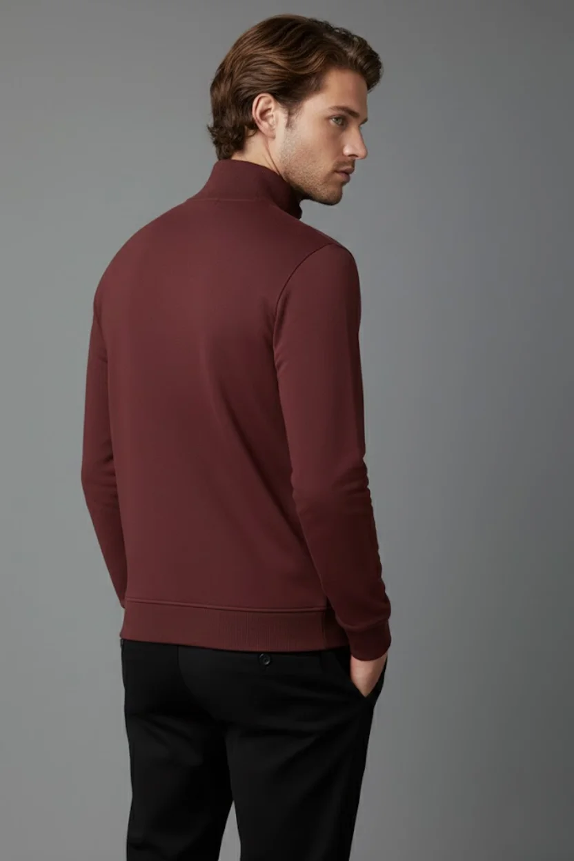 Unisex Kışlık Bordo Yarım Fermuarlı Dik Yaka 2 İplik Basic Sweatshirt