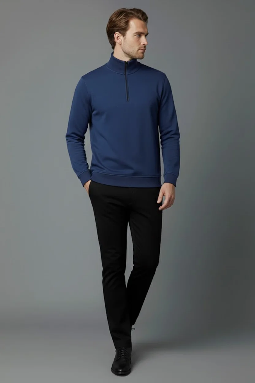 Unisex Kışlık Mavi Yarım Fermuarlı Dik Yaka 2 İplik Basic Sweatshirt