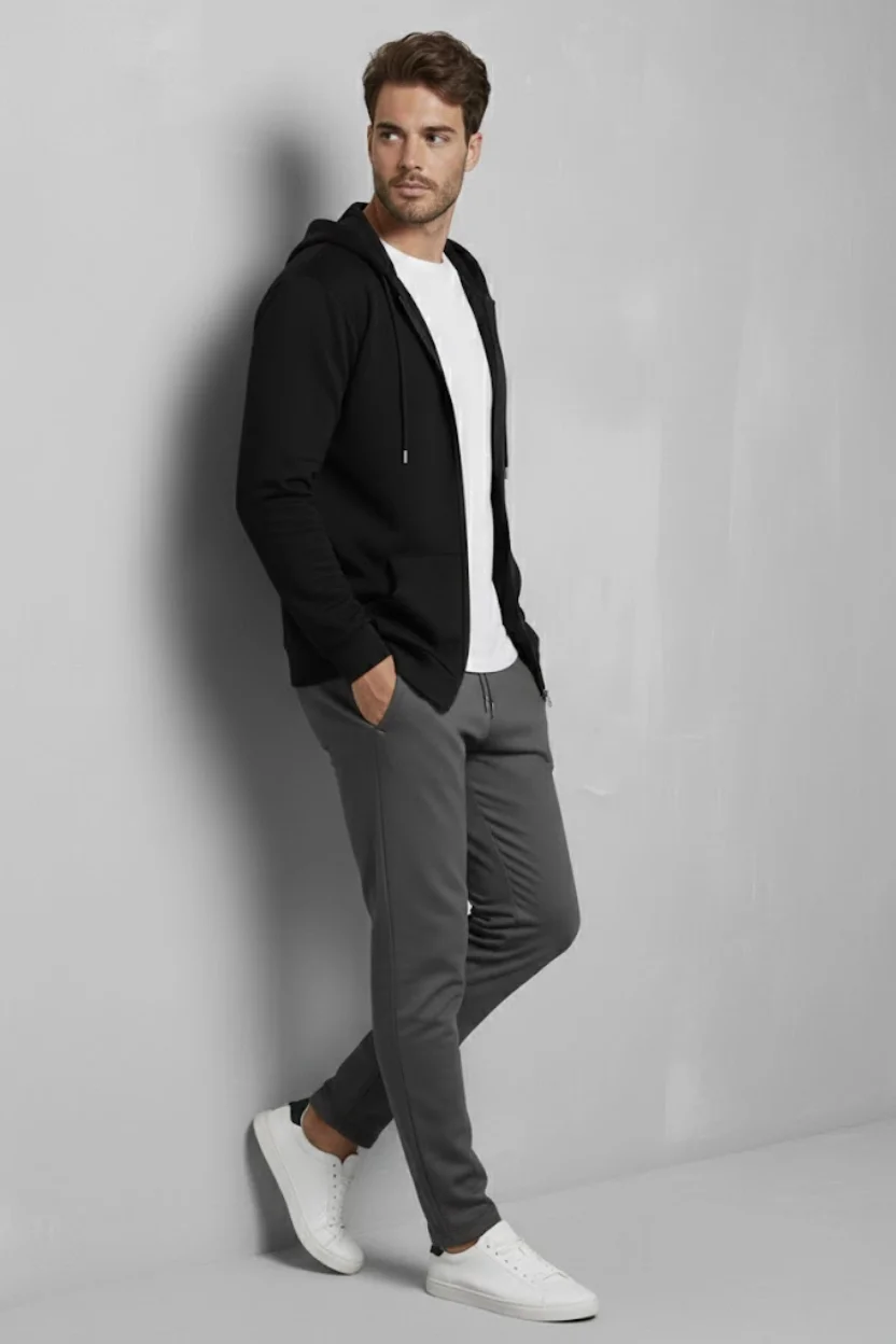 Unisex Siyah Oversize Kalıp 2 İplik Kapüşonlu Fermuarlı Sweatshirt Ceket Hırka