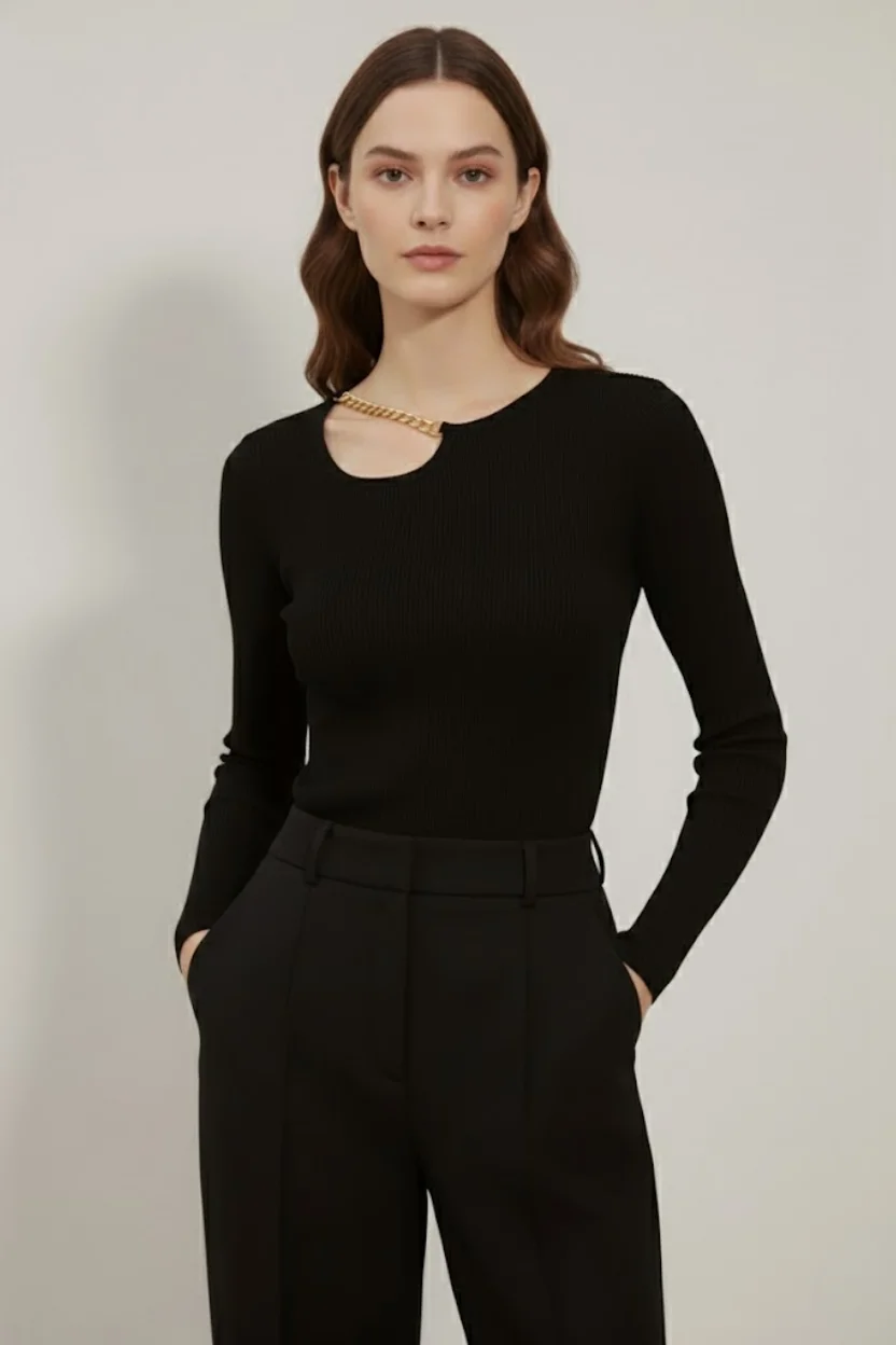 Kadın Siyah Pamuklu Kaşkorse Zincir Detaylı Pencere Yaka Cut Out Slim Fit Esnek Bluz